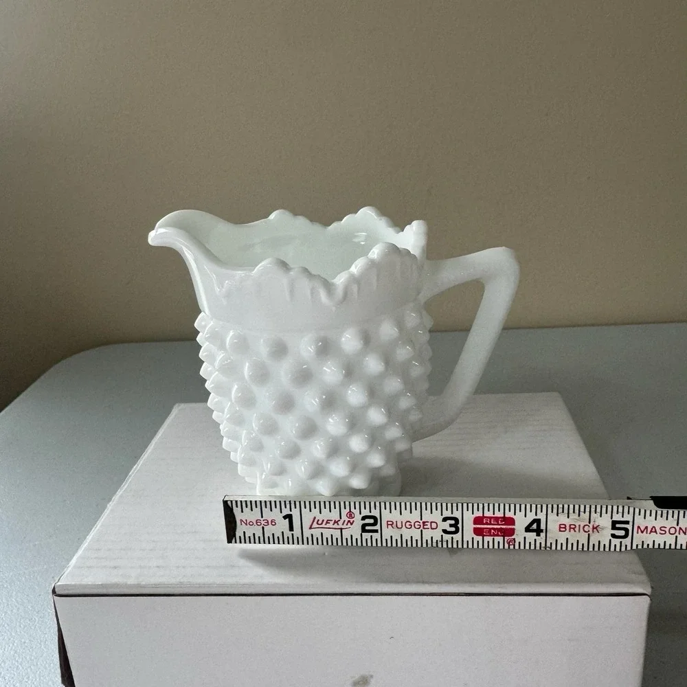 Vintage Fenton Milk Glass Hobnail Footed Crown Top Creamer 4